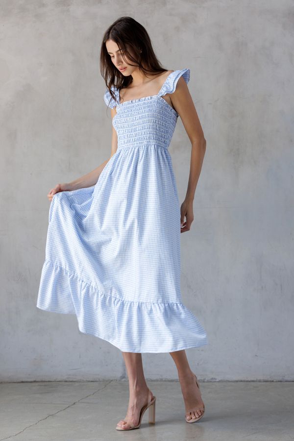 Oleta Blue Gingham Smocked Bodice Midi Dress
