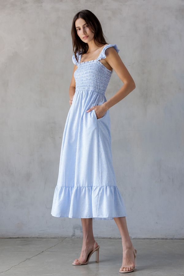 Oleta Blue Gingham Smocked Bodice Midi Dress