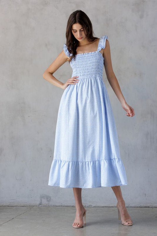 Oleta Blue Gingham Smocked Bodice Midi Dress