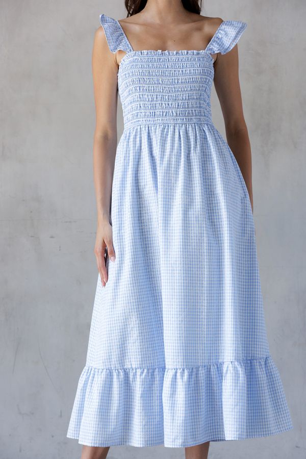 Oleta Blue Gingham Smocked Bodice Midi Dress