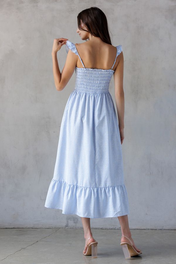 Oleta Blue Gingham Smocked Bodice Midi Dress